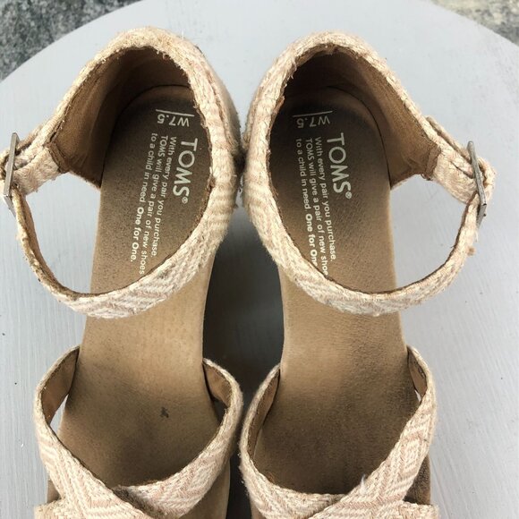 TOMS Womens 7.5 Sienna Tan Woven Diamond Pattern Cork High Heel Wedge Sandals - Picture 13 of 13